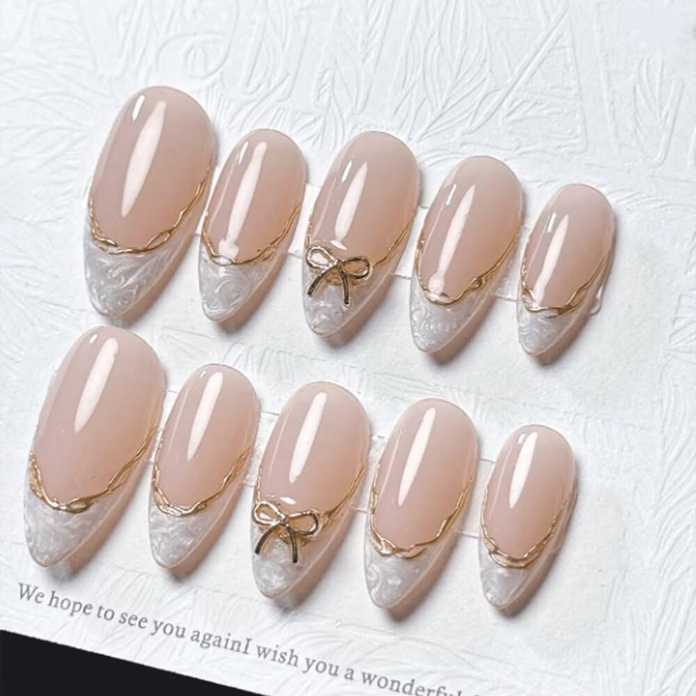 MAGLFELL Press On Nails - Handmade Almond Fake Nails, Cute French Bow Design, Reusable Artificial Almond False Nails for Women 10 Pcs 3D Acrylic Nails Kit (Size S)