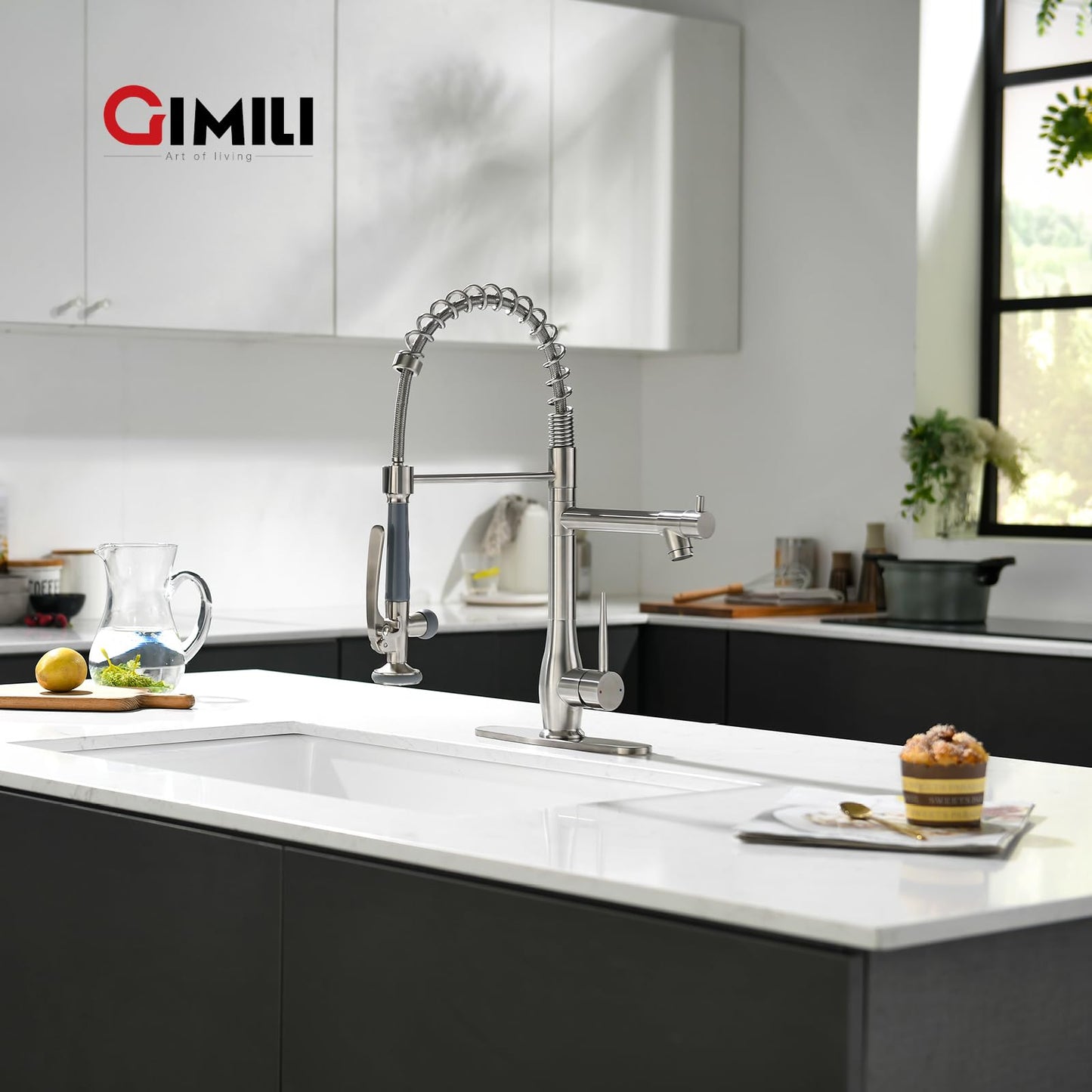 GIMILI Kitchen Faucet with Pull Down Sprayer Single Handle High Pressure Brushed Nickel Kitchen Sink Faucet Commercial Double-Headed Stainless Steel Kitchen Faucets Sink with Deck Plate