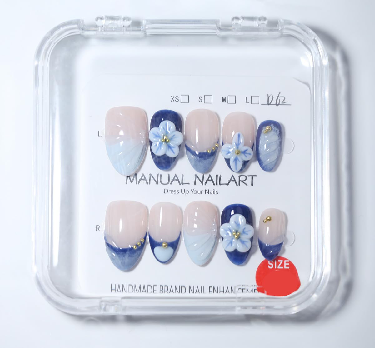 10Pcs Short Almond Handmade Press On Nails | Nude & Blue Ombre 3D Floral Wave Texture Gold Bead Decor | Easy to Apply Remove Reusable Salon-Quality Nail Art for Women&Girls (251210, XS)