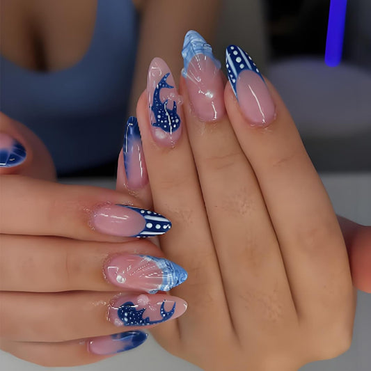 Blue French Tip Press on Nails Long Stiletto Fake Nails with Whale Shark Pearl Design Stick on Nails 3D Water Ripple False Nails Summer Acrylic Glue on Nail for Women Nail Art Decoration 24Pcs