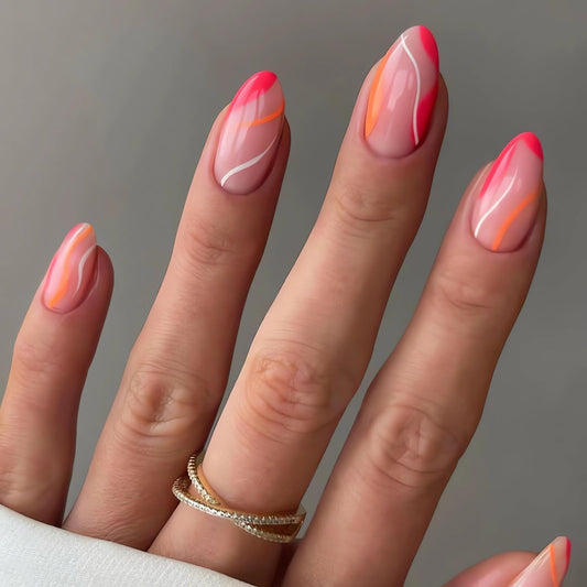IMSOHOT French Tip Press on Nails Medium Almond Summer Fake Nails Glossy Acrylic False Nails with Designs Full Cover Gel Hot Pink Glue on Nails Reusable Stick on Nails 24pcs