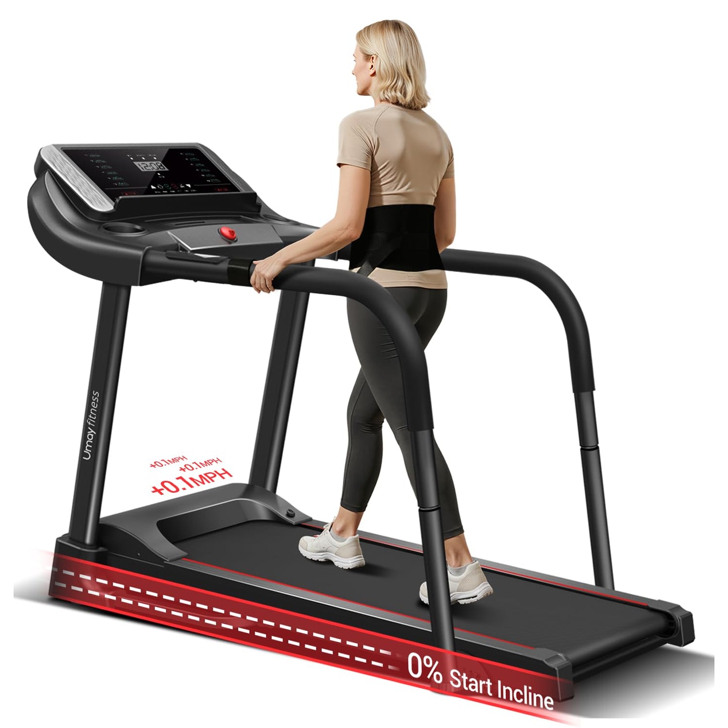 UMAY Fitness Compact Home Treadmill with Auto/No Incline, 3.0/3.5HP Quiet Brushless, 8.7 MPH Speed & 16.2"×42.5" Running Area (0 Incline with handrail)