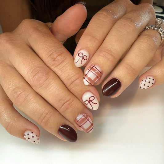 Fall Winter Press on Nails Short Oval Fake Nails Press ons with Plaid,Bow,Polka Dots Design Full Cover Stick on Nails for Women Manicure,Reusable | Artificial | Nail Sticky Tabs | Easy Apply | 24Pcs