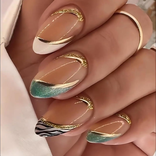 French Tip Press on Nails Medium Almond Fake Nails Nude Full Cover False Nails With Gold Line Glitter Designs Nail Tip Green White Zebra Print Stick on Nails Acrylic Artificial Nails for Women 24Pcs
