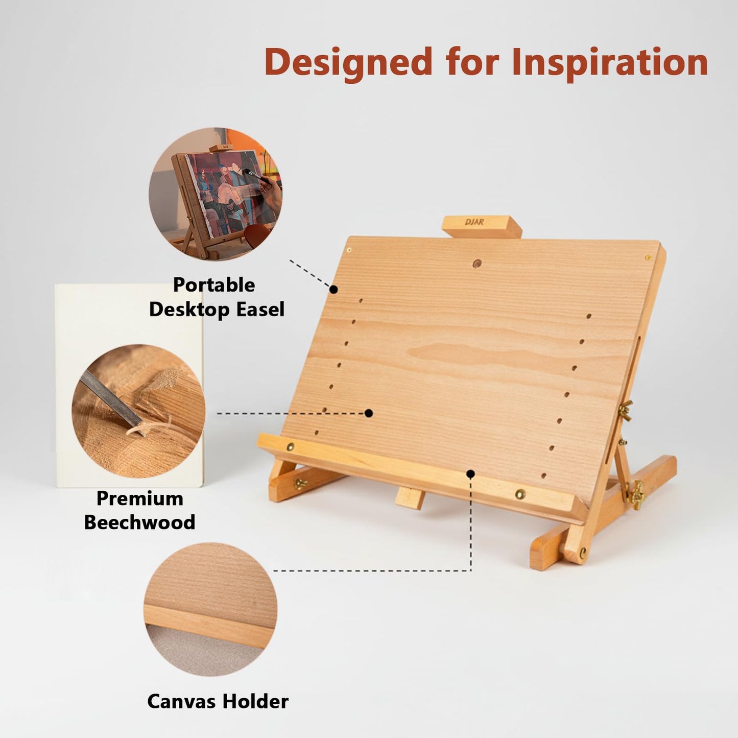 DJAR Tabletop Easel for Painting, Adjustable Solid Beech Wood Table Top Easel Stand for Artists & Adults, Sketching Drawing Board Hold Canvas up to 23", Natural
