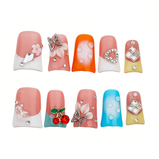 Tesytto Handmade Press on Nails Short Duck - 3D Floral Metallic Butterflies False Nails Luxury Rhinestone Cherry Petal Flower Design, Reusable Thick Acrylic Full Cover(Spring Bloom Pop,L)