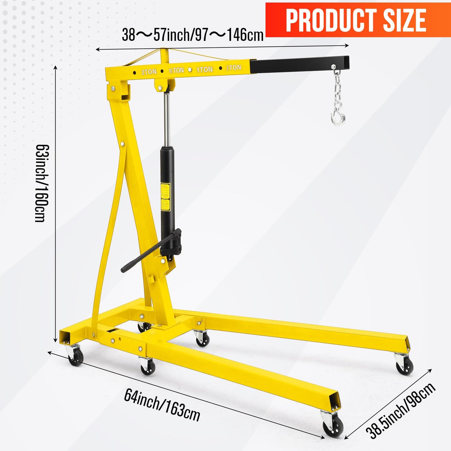 2-Ton Folding Engine Hoist, 4400 Lbs Capacity Hydraulic Shop Crane with 6 Casters, Portable Foldable Cherry Picker for Garage, Workshop, Warehouse, Heavy-Duty, Yellow