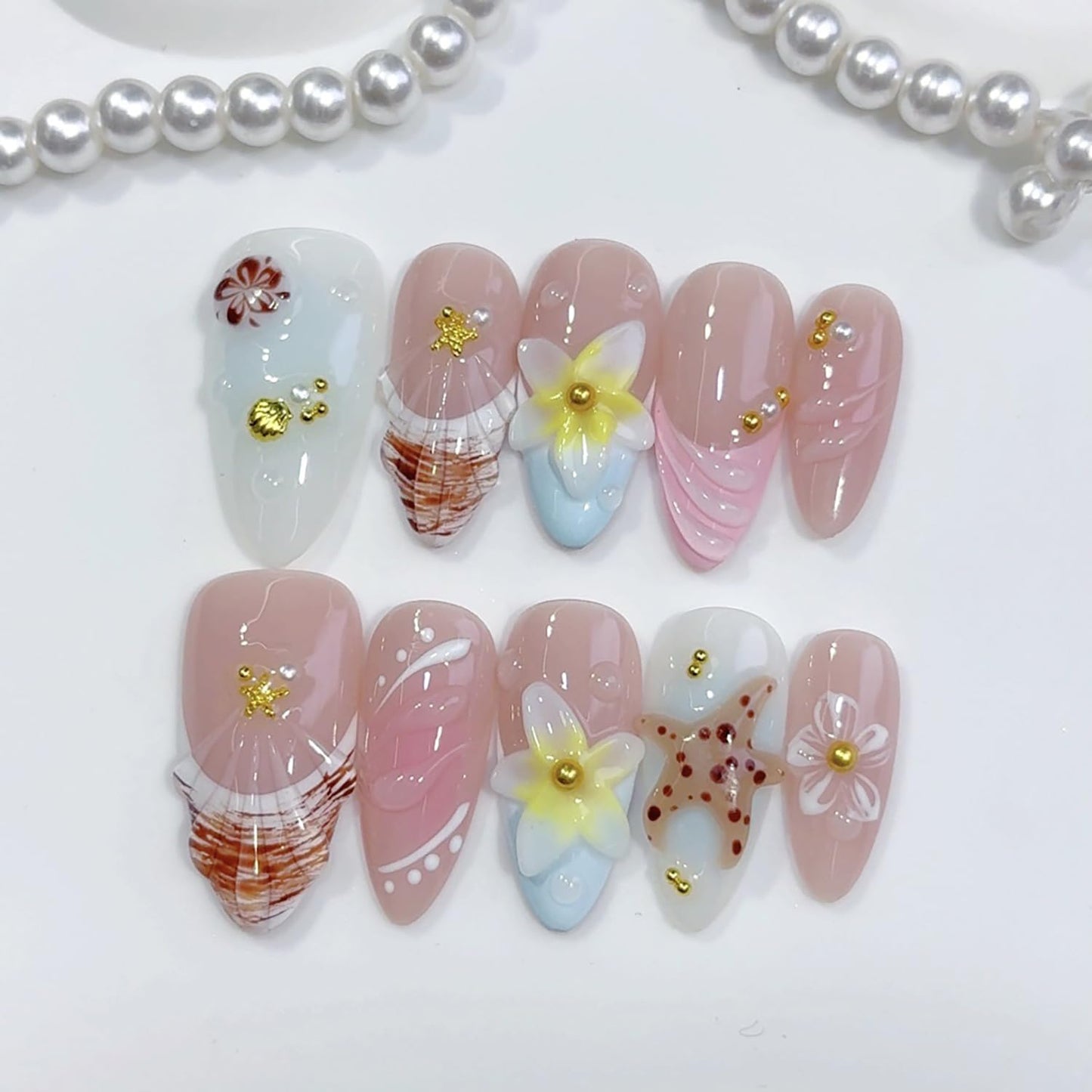Spring Handmade Nails Almond French Press on Nails with Flower Starfish Design Gloss Fake Nail Full Cover Artificial Acrylic Stick on Nails for Women Girls Manicure DIY （S）