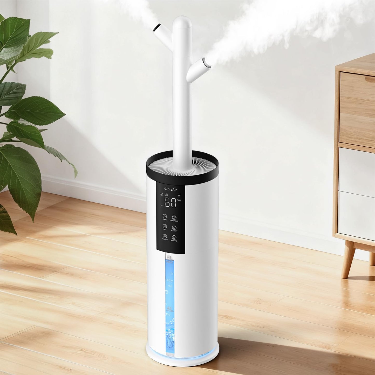Humidifiers for Bedroom - GloryAir 2.11Gal (8L) Quiet Top Fill Cool & Warm Mist Humidifier Large Room 650 ft² with Humidistat, diffuser, Auto Mode, 7-Color Light for Plants, Baby,Adults, Office & Home