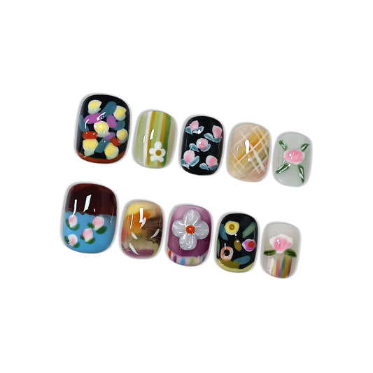 Hantyer Colorful Hand-Painted Floral Press on Nails - Sweet Oil Painting Style Short Squoval Glossy Fake Nails, Reusable Elegant Vintage False Nails for Women Fall Winter Season Party, Size M