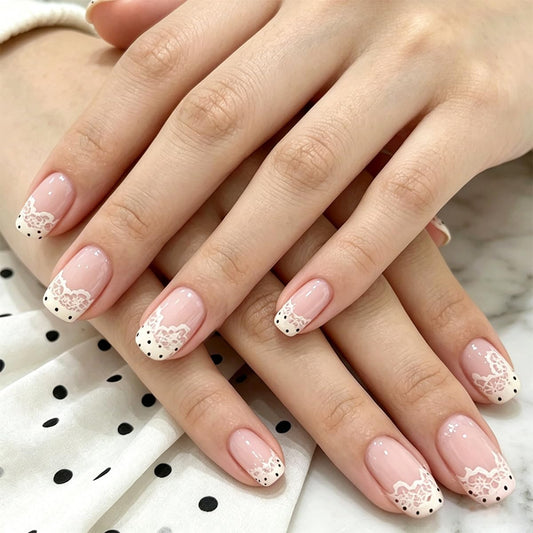 Short Square Press on Nails French Tip Fake Nails Polka Dot False Nails Nude Pink Glue on Nails Cute Lace Acrylic Nails Beige Stick on Nails for Women Manicure 24Pcs