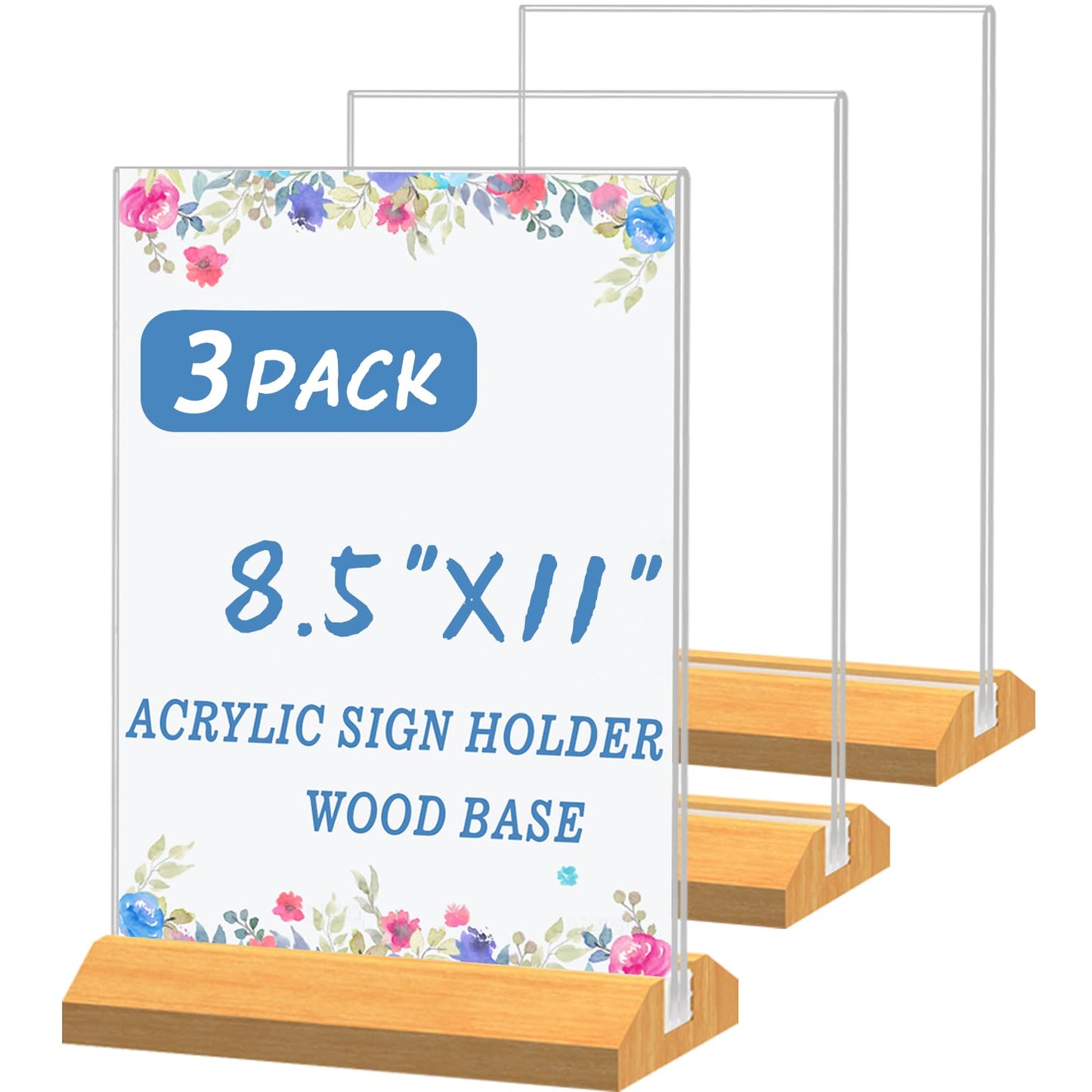 QLKGWEA 3 Pack Acrylic Sign Holder 8.5 x 11 Inch, Wood Base Signs Stand for Menu Flyer Display, Table Clear Plastic T Shape Holder for Stores, Restaurants, Hotels, Office