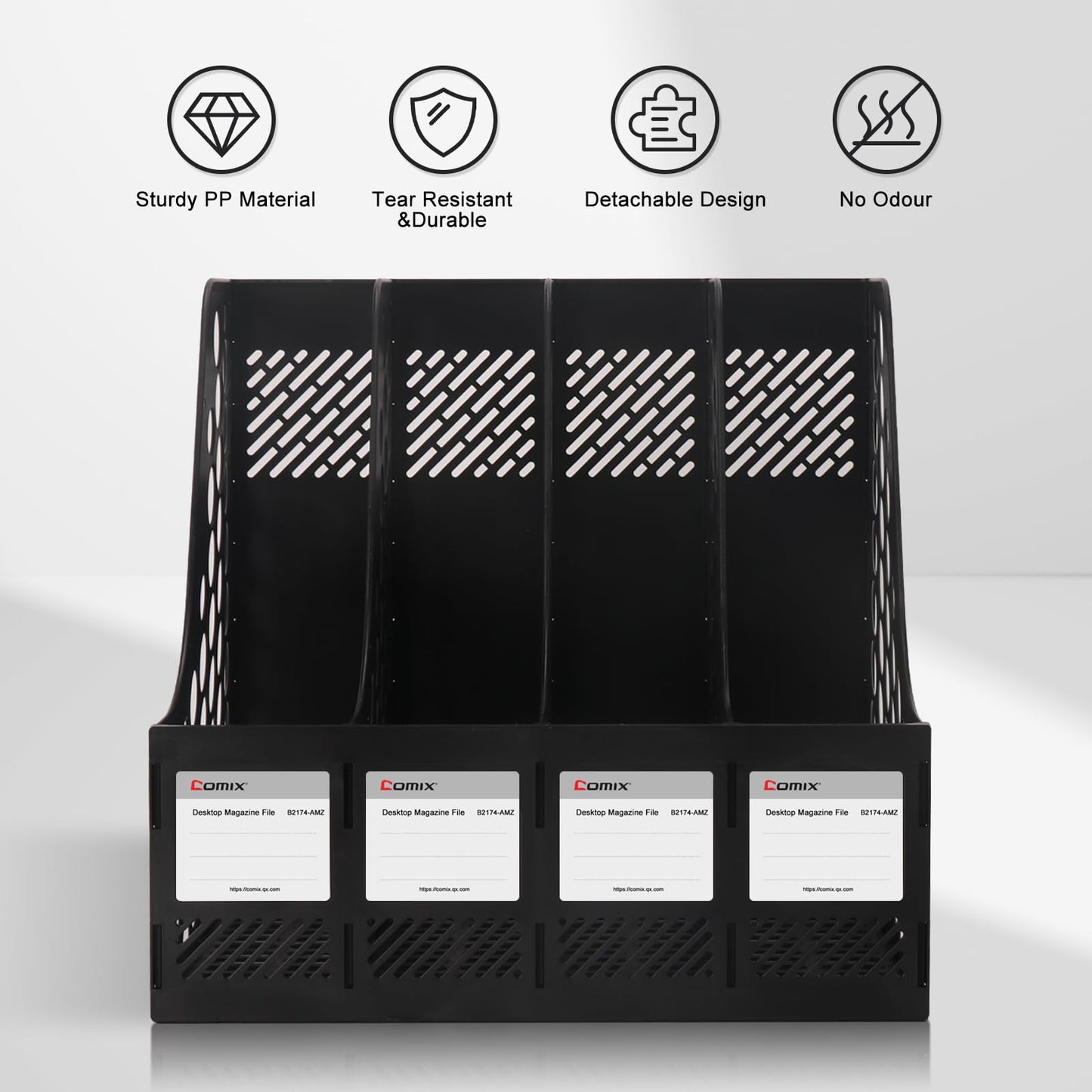 Comix Magazine File Holder Rack/Vertical Desktop File Organizer - Plastic Desk Organizer for Files, Folders, Books - 4 Compartment Binder Organizer - Black