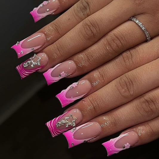CTTHNBD Press on Square Nails - Medium Fake Nails with Star Charms Design - Pink French Tip False Nails - for Women 24 Pcs