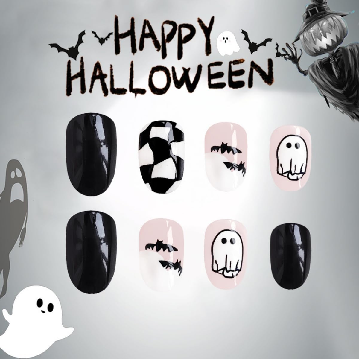 24Pcs Halloween Press on Nails Short Oval Fake Nails with Cute Ghost Bat Design Stick on Nails Black Pink Nails Press Ons Handmade Acrylic Glue on Nails for Women Nails Art Decoration