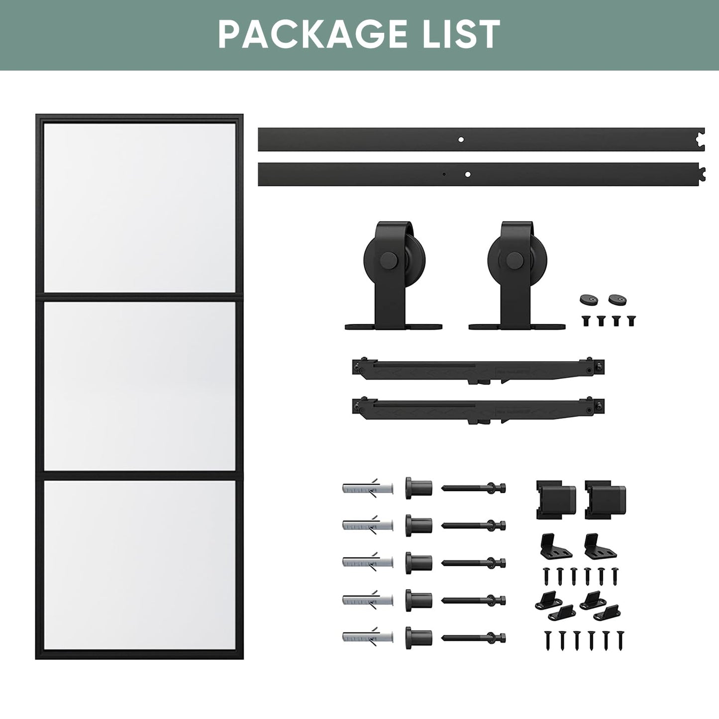 JUBEST 42in x 96in Glass Barn Door, Clear Tempered Glass Carbon Steel Pre Drilled Frame Sliding Barn Door Panel with 7FT Hardware Kit and Soft Close, Easy to Install
