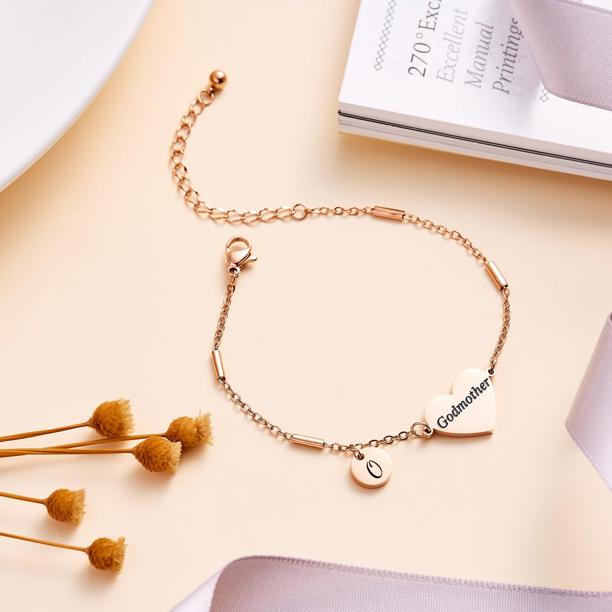 CHENVA Godmother Gifts Initial Bracelet Bangle for Women Gift for Godmother from Goddaughter (Godmother Bracelet-O-Rose Gold)
