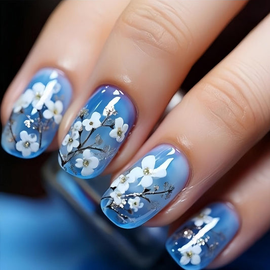 24pcs Spring Press on Nail Blue Fake Nails Floral Press ones with designs Acrylic Stick on Nail Glossy False Nails Full Cover Short Square Glue on Nails for Women Summer Accessories Manicure Decor