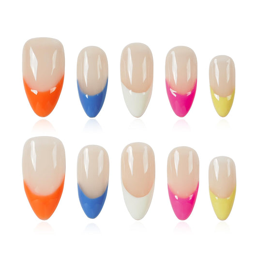 Tesytto Handmade Rainbow French Tip Press on Nails Medium Almond - Colorful Edge Design, Sheer Nude Glossy Reusable False Nails for Summer (Colorful Nude French,M)