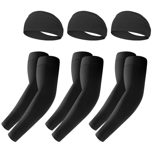 JATEBI 6 Pack Sports Headband and Arm Sleeves for Men Women Sweat Bands Cooling UV Sun Protection Sports Arm Sleeves for Running Yoga Fitness Workout, Black