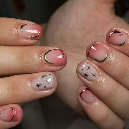 24pcs Gold Star Press On Nails Square Fake Nails Moon With Gradient Design Full Cover Acrylic Glue On Nails Short Stick On Nails For Women Reusable Nail Art Supplies