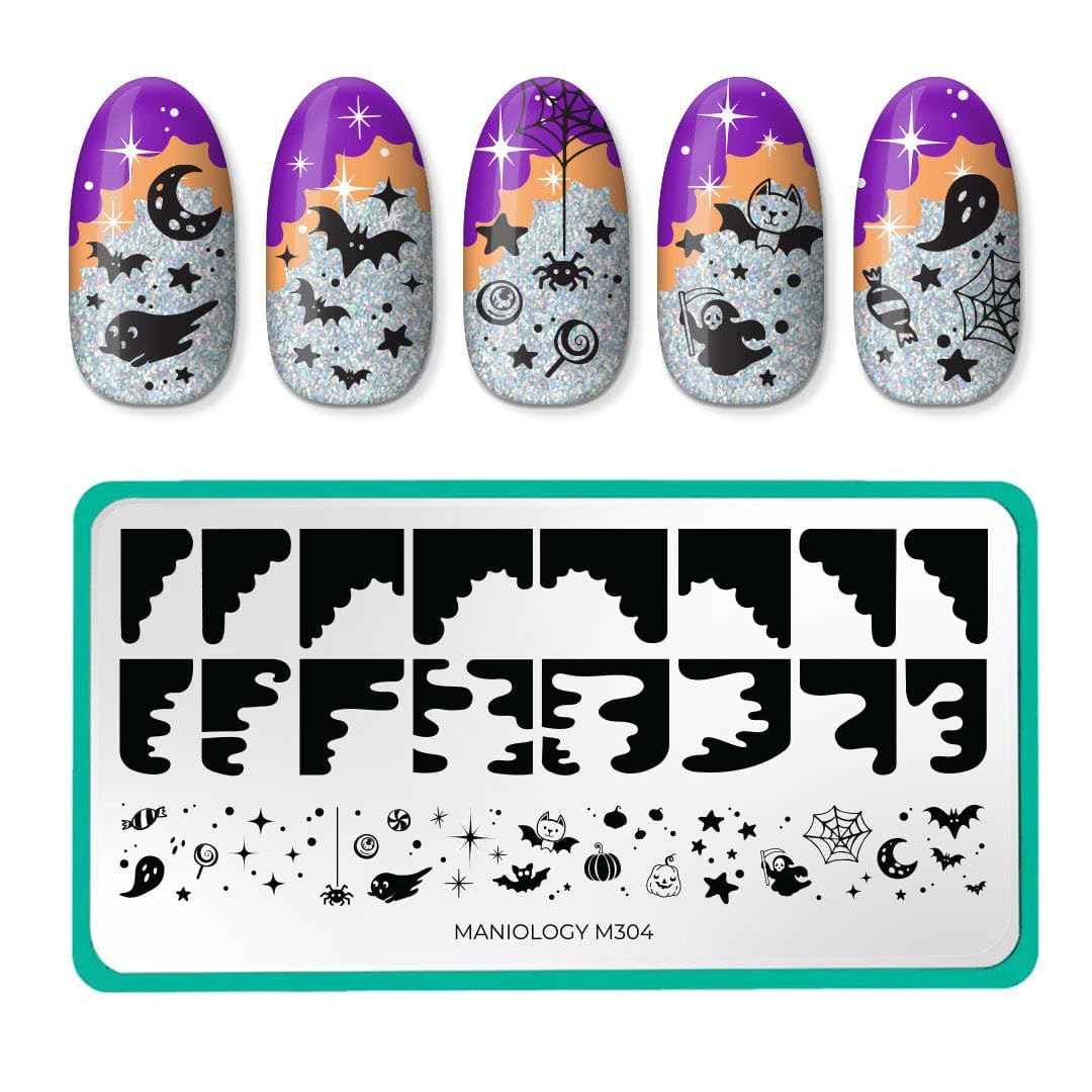 Maniology Boo-gie French Nail Stamping Starter Kit | Halloween French Tip Nail Art with Ghosts, Bats, and Spooky Chic DIY Manicure Designs (Stamping Plate, Polish, Top Coat, Stamper & Scraper Card)