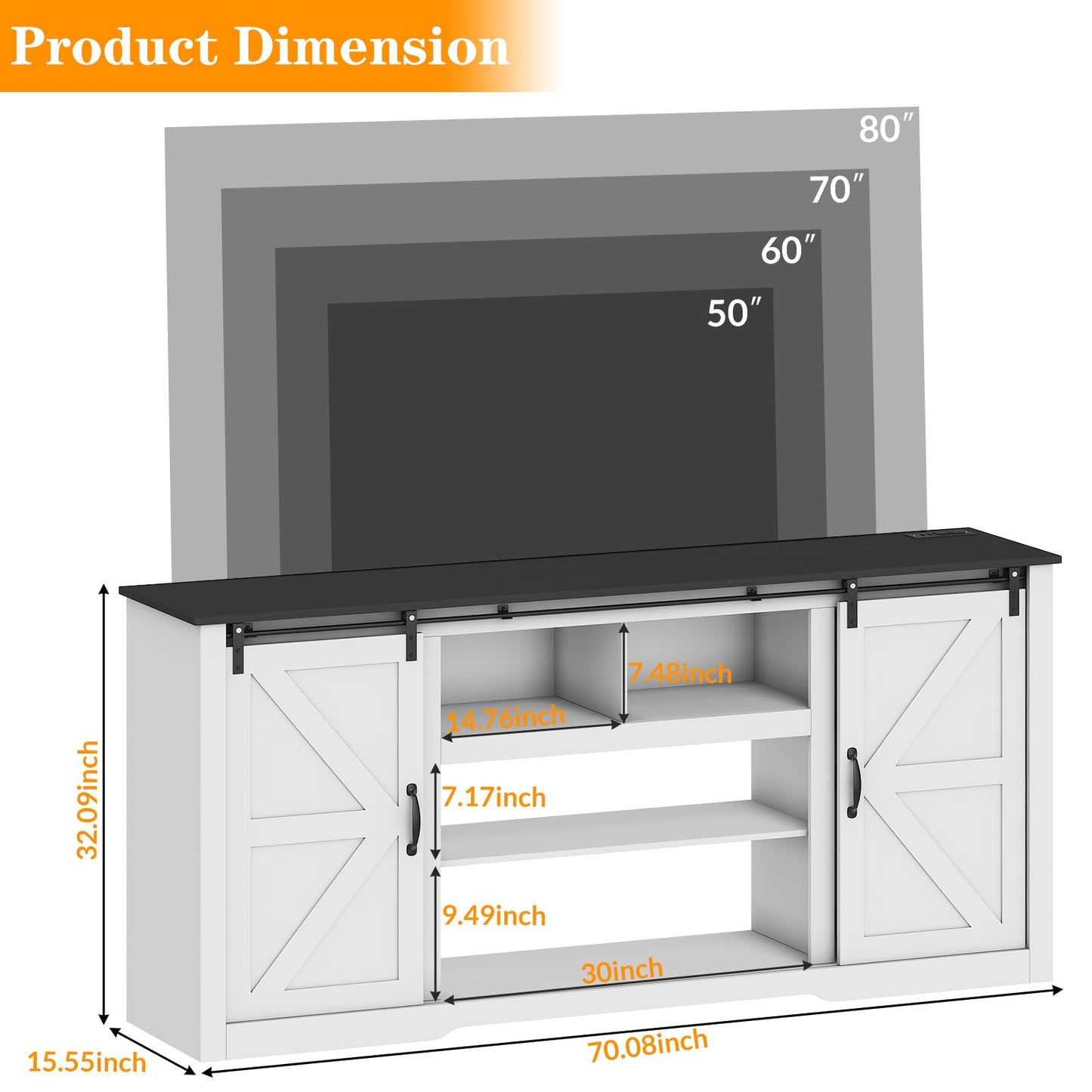 GarveeLife 70 in Farmhouse TV Stand with Power Outlets for Televisions Up to 80 in TVs, Sliding Barn Door & Large Storage Cabinets with Adjustable Shelf, 32 in Tall TV Media Console, White