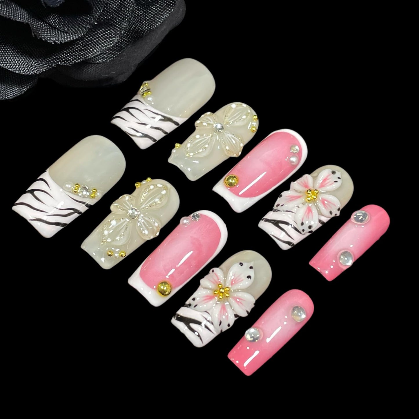 Handmade Press On Nails Short-Medium Square Bold Pink Zebra Stripes & 3D Floral | Glitter Flowers With Gold Accent | Reusable Acrylic Fake Nails for Parties & Daily (Pink Zebra, S)