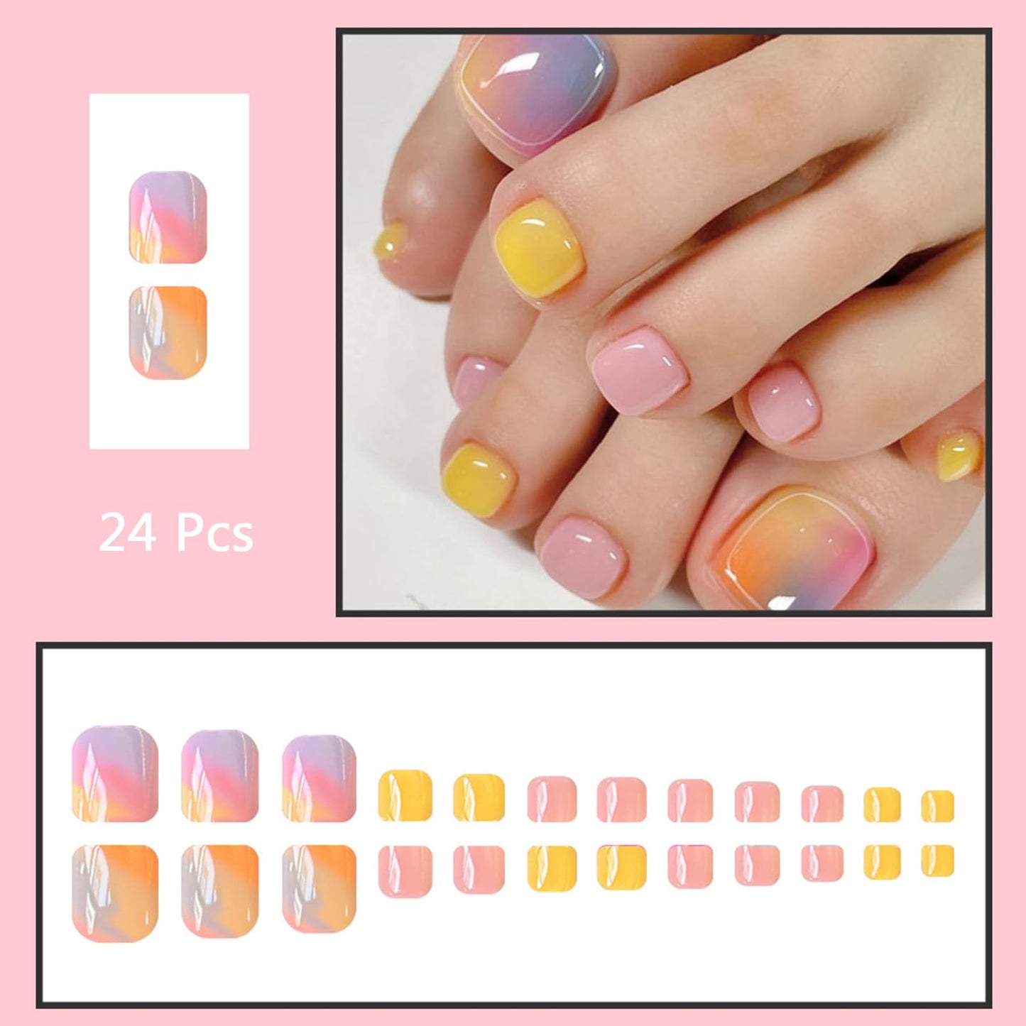 Summer Press on Toenails Short Square Fake Toe Nails with Colorful Blending Designs Cute False Toenails with Jelly Glue Pink Yellow Glossy Full Cover Acrylic Toenails for Women 24Pcs