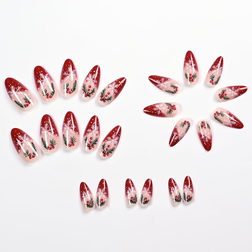 Christmas Press on Nails Medium Almond Fake Nails Snowflake with Red Fruit Designs False Nails Full Cover Glossy Red Gradient French for Women Christmas Party Wear Manicure Decoration 24PCS