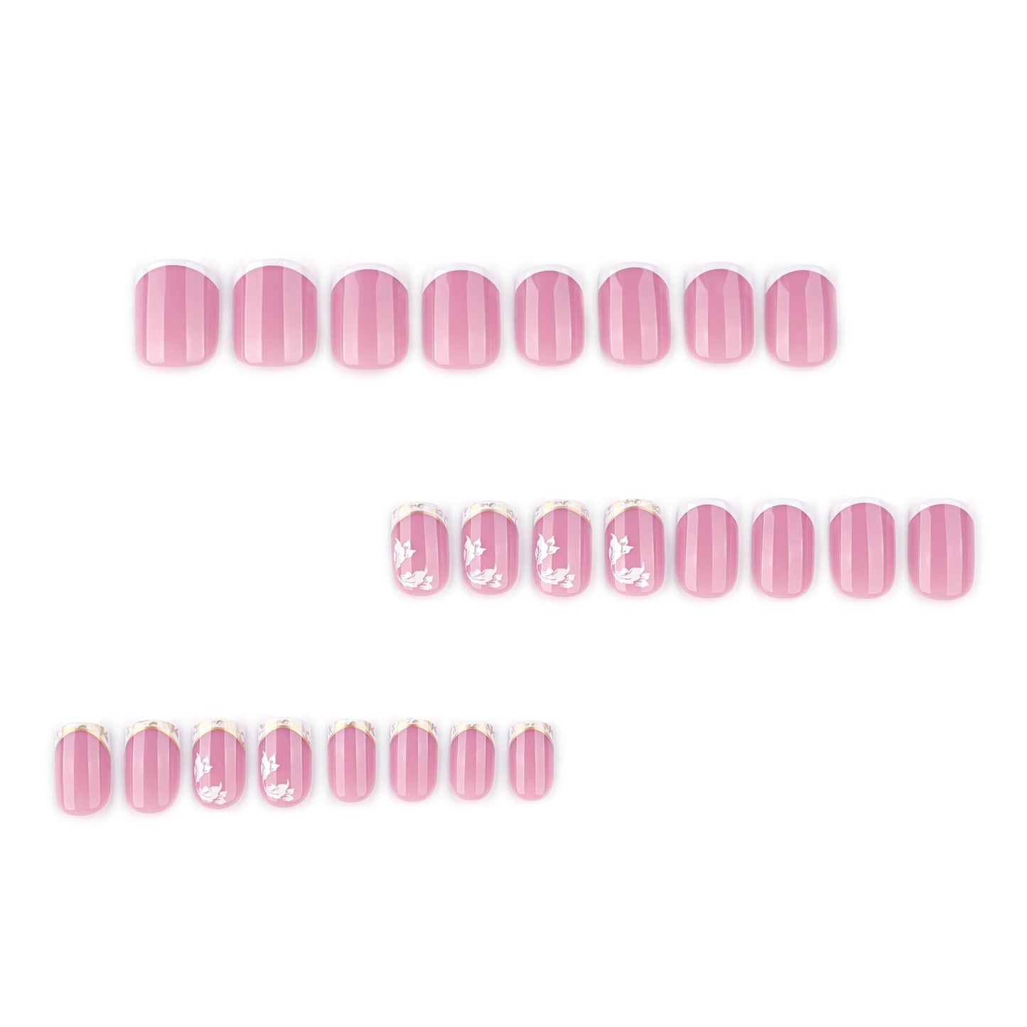 Square Press on Nails Short Fake Nails White French Tip False Nails Pink Glossy Glue on Nail with Flower Design Acrylic Nails Press ons Full Cover Stick on Nail for Women 24Pcs