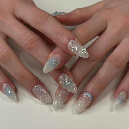 RIICFDD Press on Nails Short Fake Nails Almond False Nails Blue Ombre Nails Press ons Bow Lemon Stick on Nails Rhinestone Nail Charms Full Cover Glossy Glue on Nails for Women Nail Art 24 Pcs
