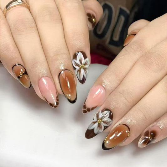 24Pcs Brown French Tip Press on Nails Medium Fake Nails 3D Gold Carved Beads Flower Design Glossy Full Cover Acrylic False Nail Glue on Artificial Nails Glossy Stick on Nail for Women Manicure Set