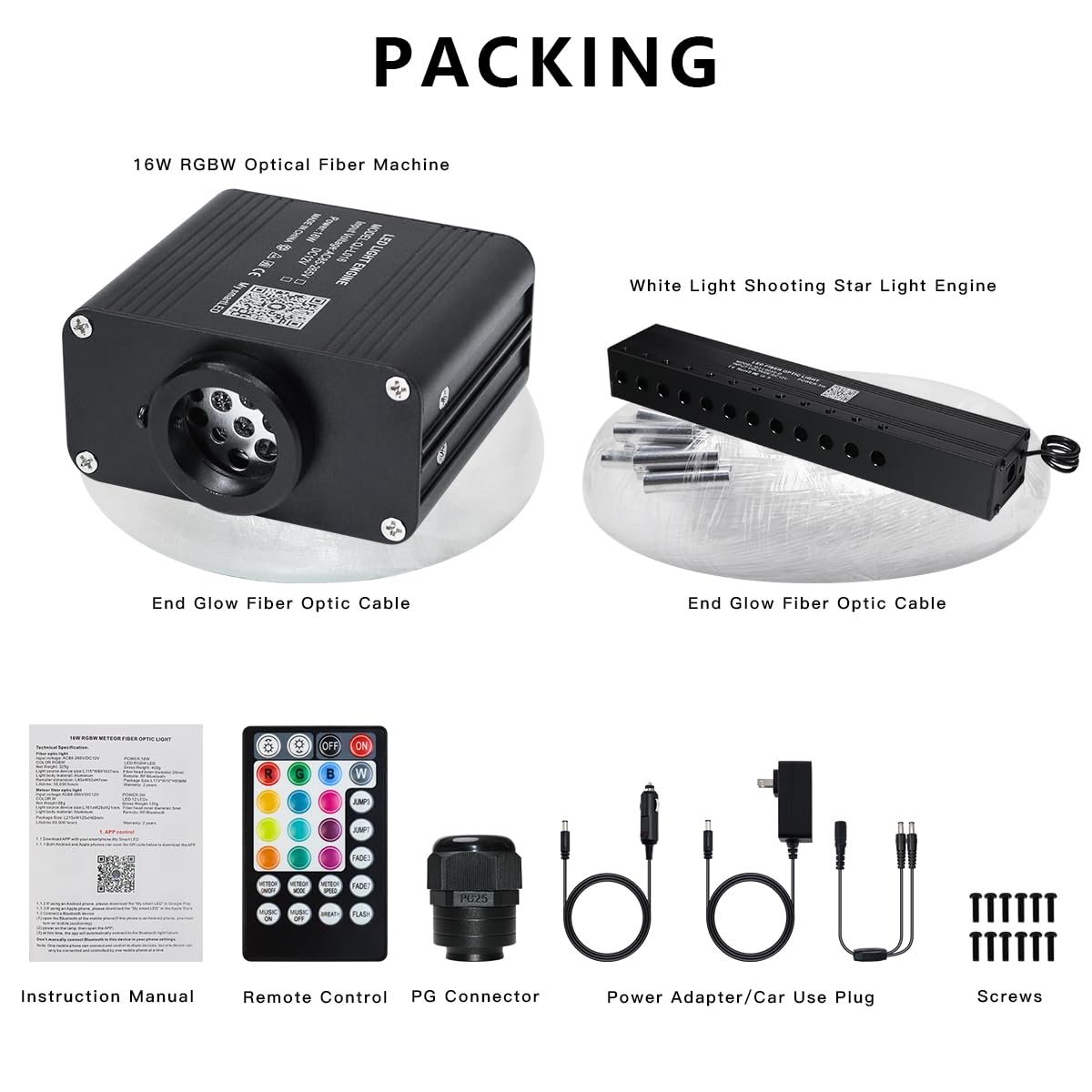 Starlight Headliner Kit 600 Piece Twinkle 0.03in(6.5ft/2m) with White Meteor Fiber Optic Light Kits Car Roof Lights RGBW Music Activated/APP Control Star Lights for Car Theater Game Bed Room Ceiling