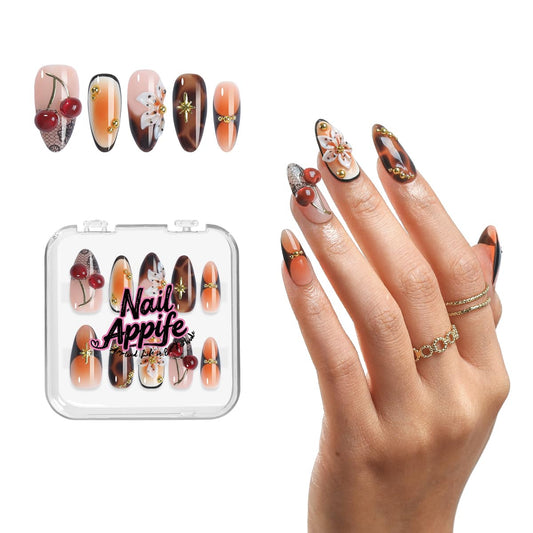 Handmade Luxury French Press On Nails, Leopard Amber Tortoiseshell 3D Cherry Short Almond Fake Nails, Salon Quality Acrylic Nail Tips with Brown Floral & Gold Accents, Holiday Vibe 10pcs Reusable Set