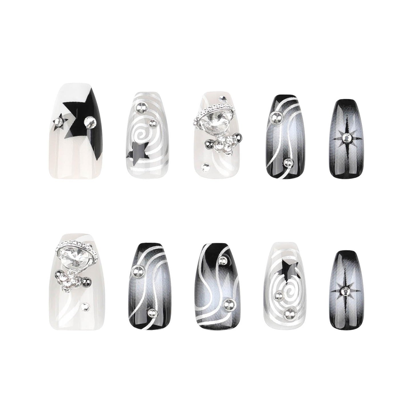 RTKHFZE Press on Nails Medium Coffin Fake Nails Black Gradient Acrylic Press on False Nails with y2k Planet Flash Diamond Artificial Press on Nails with Design Stick on Nails for Women