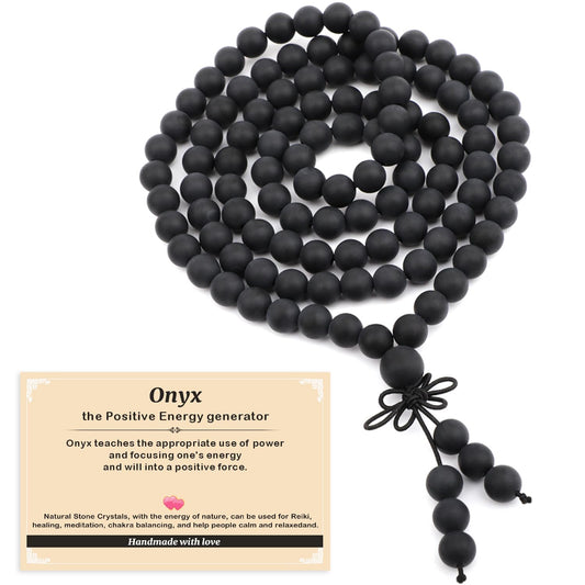 AD Beads 8mm 108 Prayer Mala Matte Onyx Elastic Bracelet - Peace and Tranquility - Handmade Yoga Meditation Healing Power Energy Gifts for Unisex Adult.