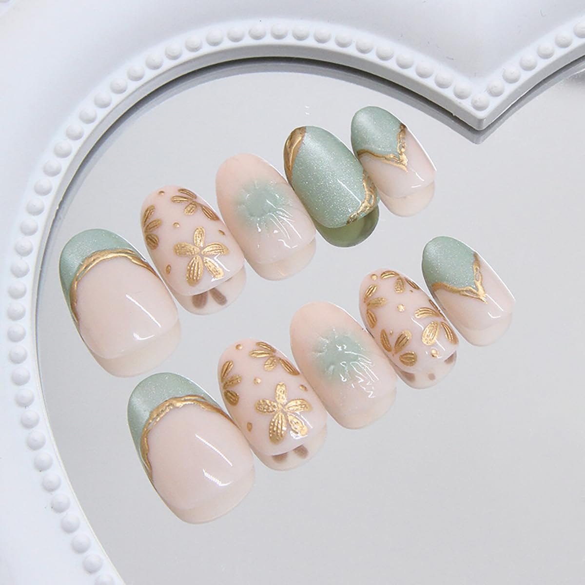 24Pcs Press on Nails Short Almond Fake Nails Nude with Gold Flower Design French Tip False Nails Glitter Stick on Nail Full Cover Cute Glue on Nail Acrylic Art Kit for Women DIY Manicure Kit