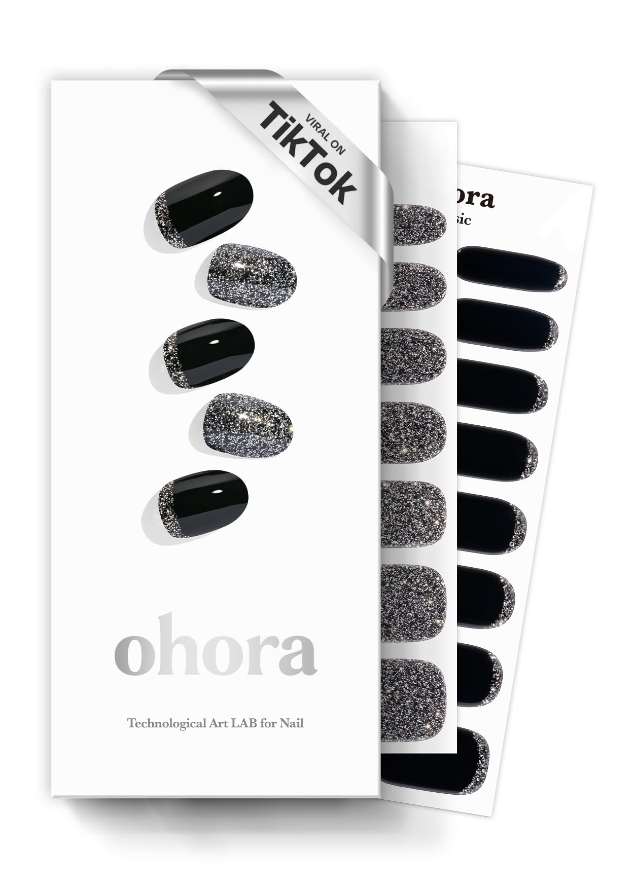 ohora Semi Cured Gel Nail Strips (N Party Night) - Dark, Glitter, Works with Any UV/LED Lamps, Salon-Quality, Long Lasting, Easy to Apply & Remove - Includes 2 Prep Pads, Nail File & Wooden Stick