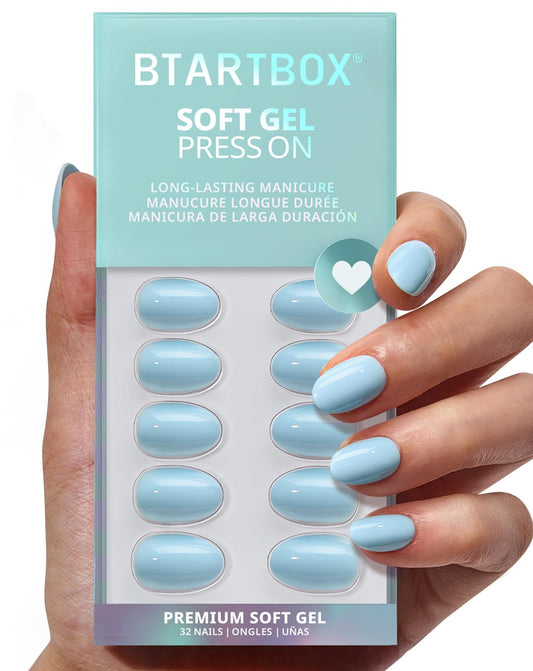 BTArtbox Extra Short Press On Nails - Sky Transition, Easy-to-Apply Light Blue Almond Press On Nails with Glue and Adhesive Tabs in 16 Sizes - 32 Nails All-in-One Kit