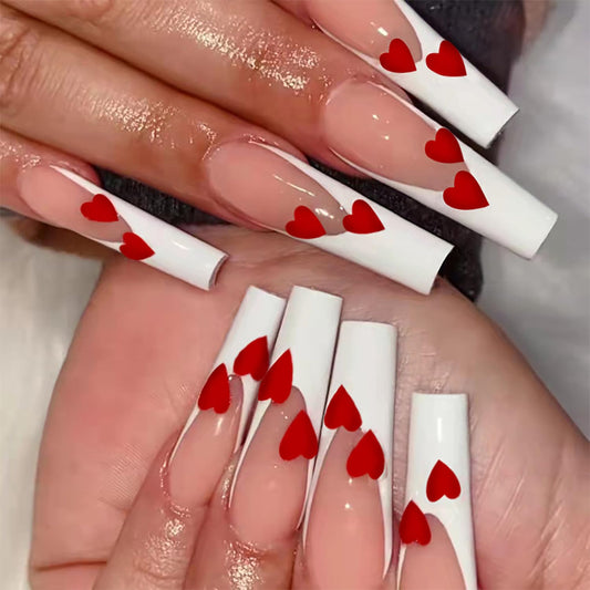 Vezocim Valentine Press on Nails Coffin Long French Tips Glossy Full Cover Acrylic Square Fake Nails with Red Heart Designs Extra Long False Nails Glue Stick on Fingernails with Charm for Women