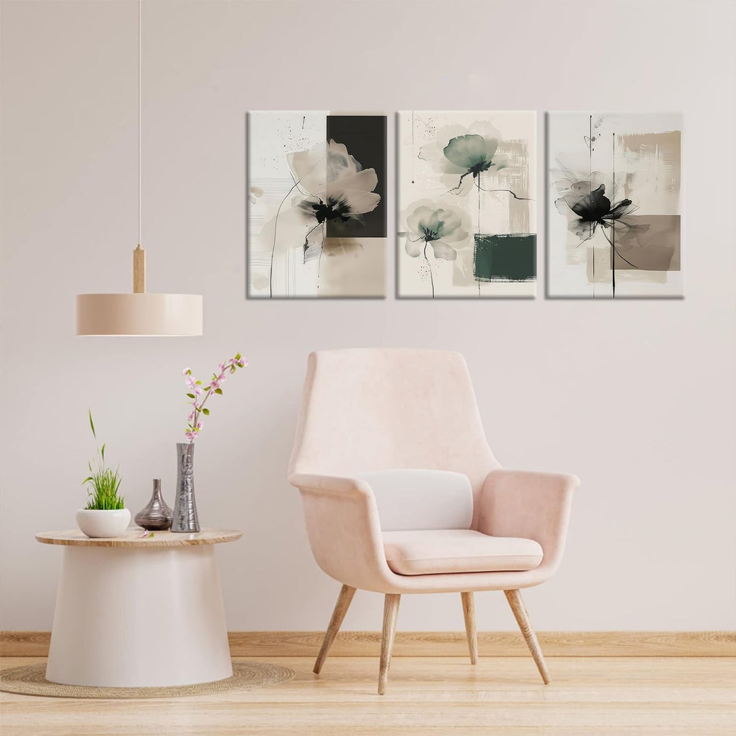 Neutral Abstract Floral Wall Art Set of 3 – Modern Beige & Black Minimalist Canvas Prints, Contemporary Large Flower Posters for Living Room Bedroom Bathroom Office Home Decor, Framed 24x16 Inch