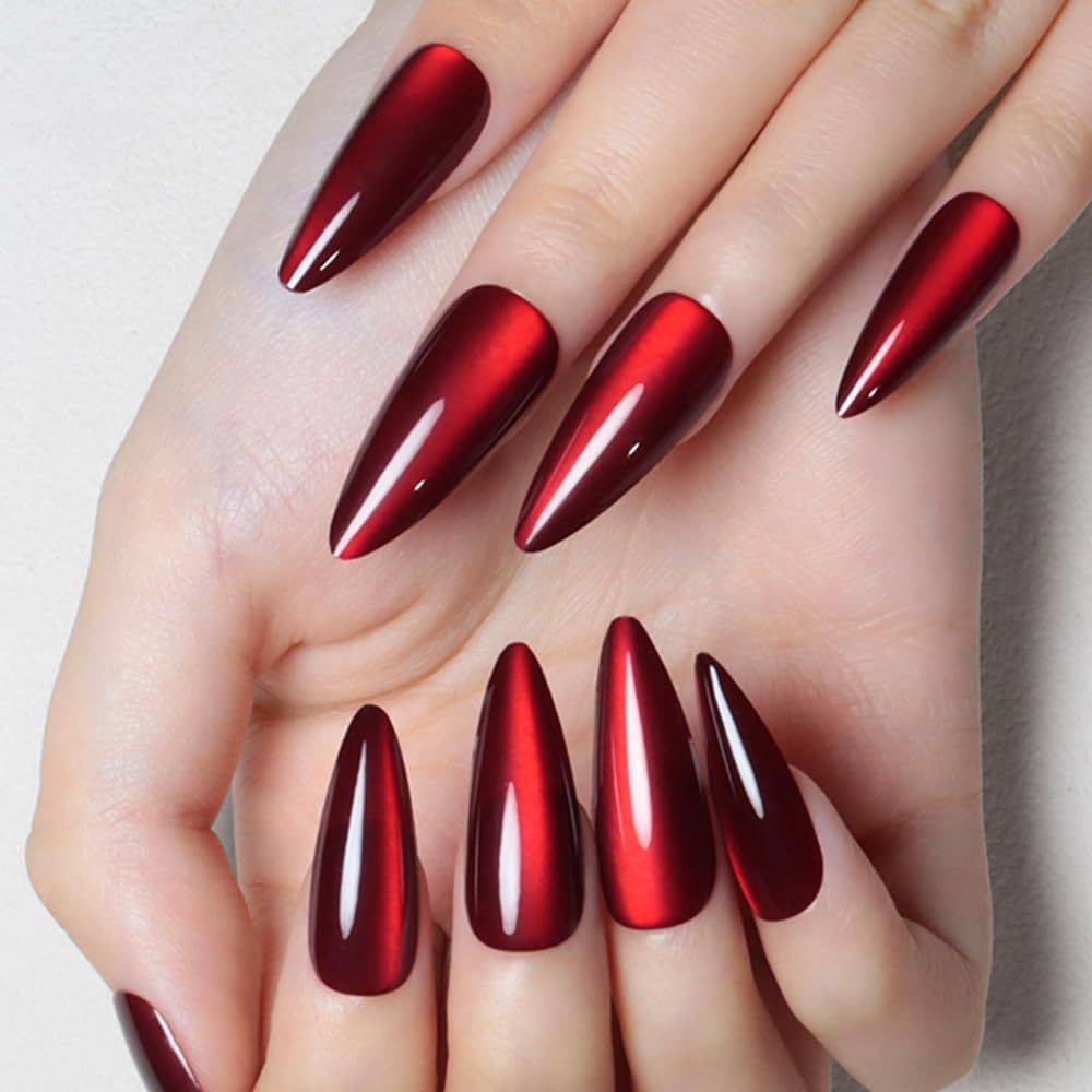 evpct Dark Red Cat Eye Press on Nails Almond Long No Glue, Soft Stick on Nail Almond for Women, Holographic Red Glossy Soft Perfectly Fit Reusable Long Press on Acrylic Fake Nail with Cat Eye Designs