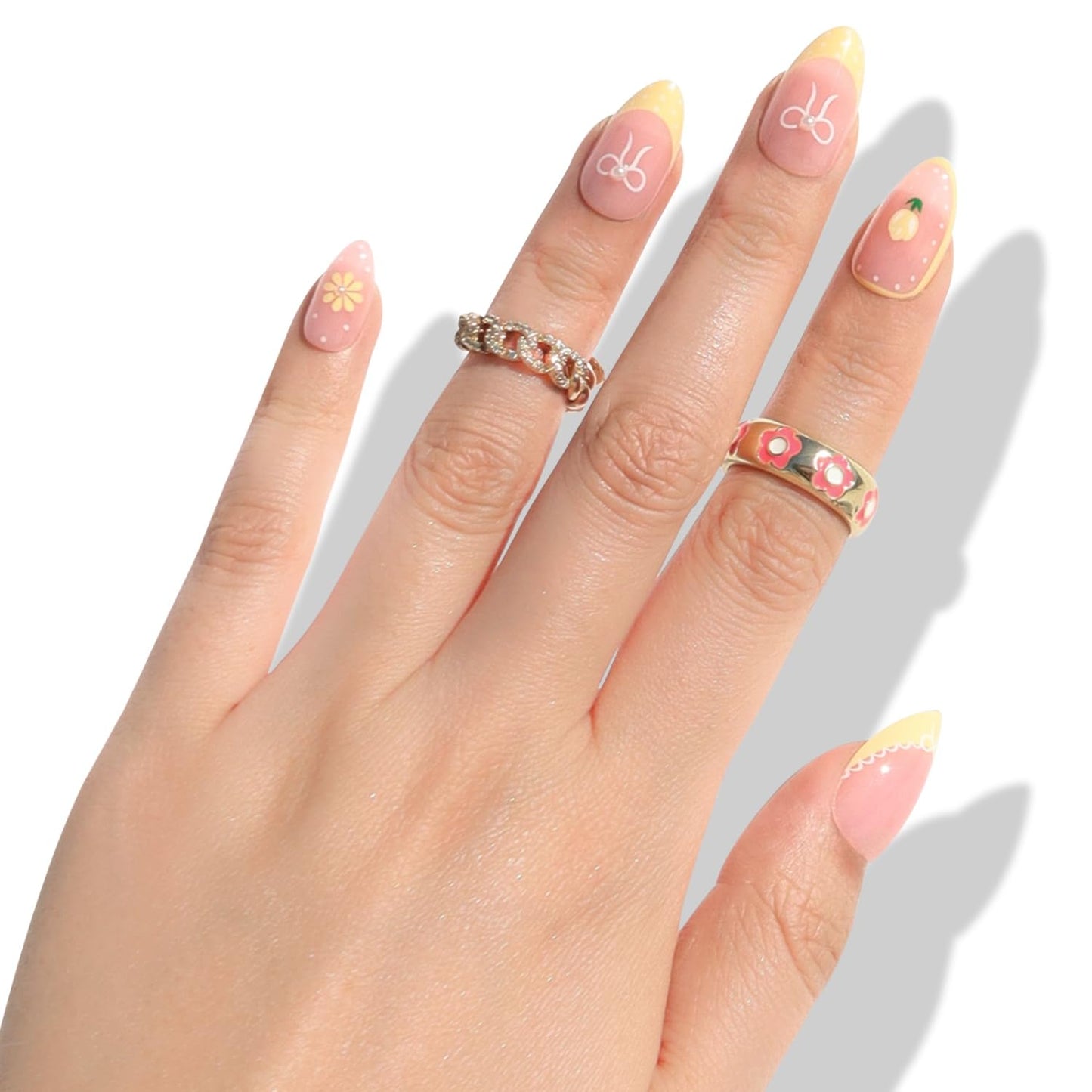 Nail Reformation Press On Nails, Lemon Tart | Soft Pink Short Almond Fake Nails with Wavy Yellow French Tips, White Bows & 3D Jewels, Reusable Stick On Nails Kit - 32 Pcs in 16 Sizes, Gifts for Women