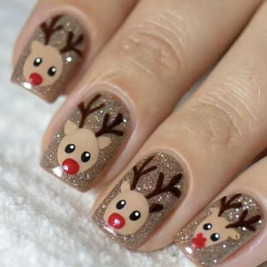 Christmas Press on Nail Short Square Fake Nails Full Cover Gold Glitter Acrylic Artificial with Cute Deer design Stick on Nail Glossy Reusable Xmas False Nails Gel Glue on Nails for Women Holiday24pcs