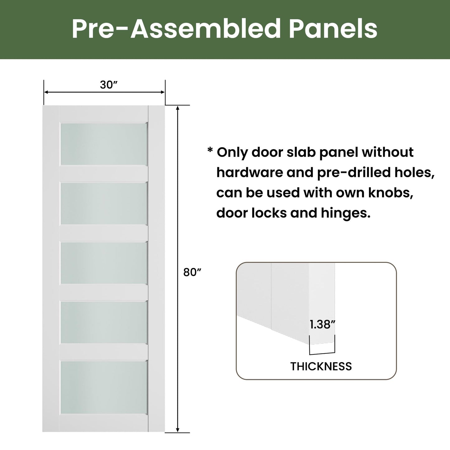 SMARTSTANDARD 5-Panel Frosted Glass Interior Door Slab, 30" x 80" Slab Door for Pantry Pocket Laundry Bathroom French, Solid Core Pre-Assembled Panel Without Hardware, White