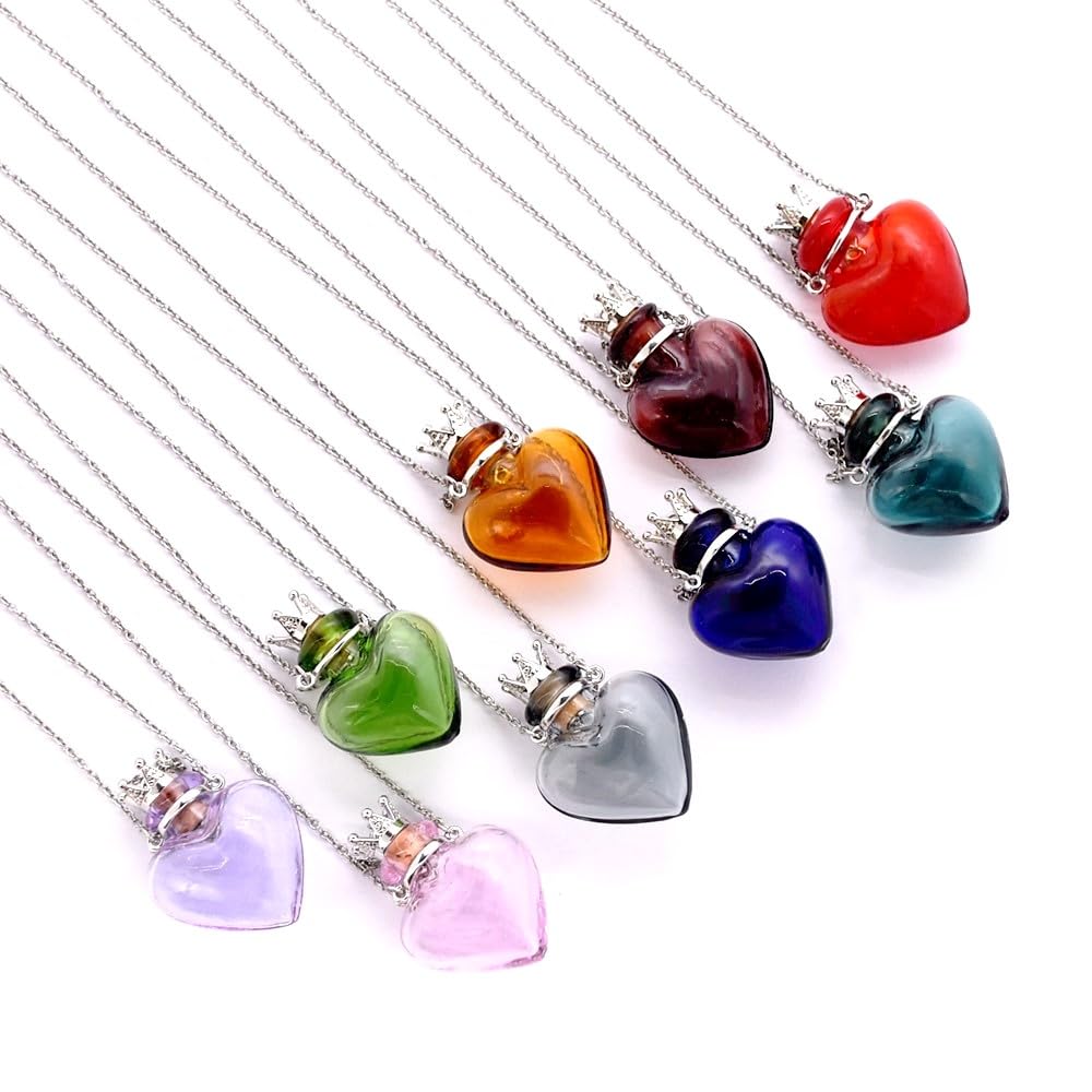 Glaze Glass Heart-Shaped Refillable Essential Oil Necklace Pendant - Aromatherapy Perfume Diffuser Pendant with Stainless Steel Chain (Blackish Green)