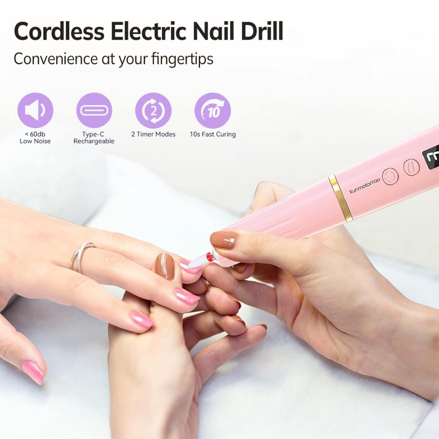 XunmotorYao Professional Electric Nail Drill File, Cordless Nail Drill Machine kit for Acrylic Gel Dip, 12 in 1 Nail Machine Kit Portable Rechargeable Manicure Pedicure Tools for Home Salon(Pink)