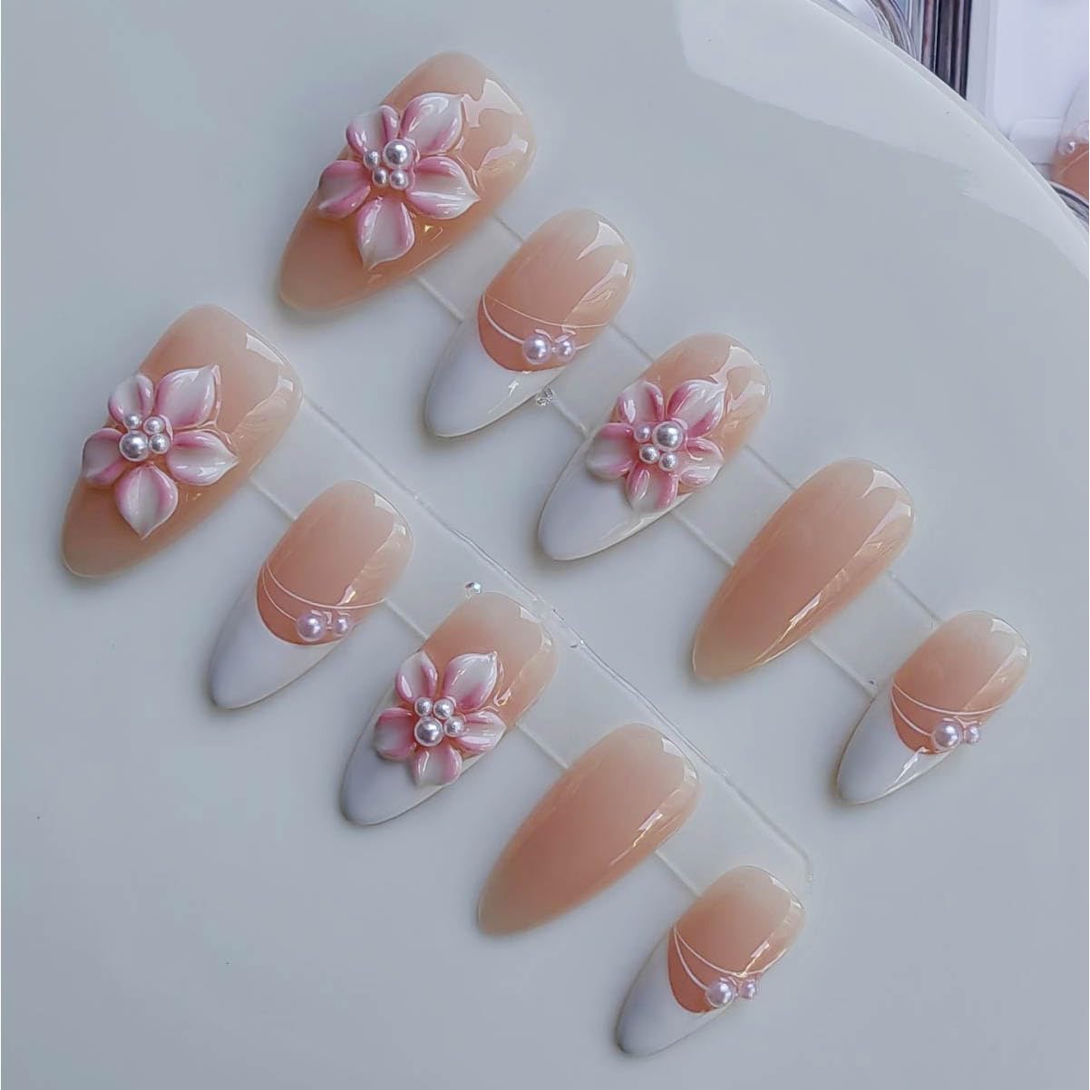 Gleamrain Almond Press on Nails Medium Handmade French Tip Cute Stick on Nails with Flower and Pearl Design Cherry Blossom Pink Fake Nail for Women and Girls Spring Or Summer 10pcs M Size P22