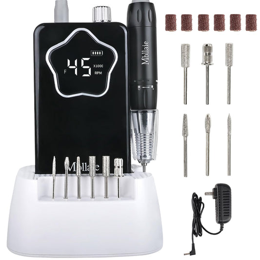 Professional Electric Nail Drill 45000 RPM：Rechargeable Nail File Machine Kit for Acrylic Gel Nails Polishing Removing Portable Cordless Efile with Base Ultra Power Salon & Home Use